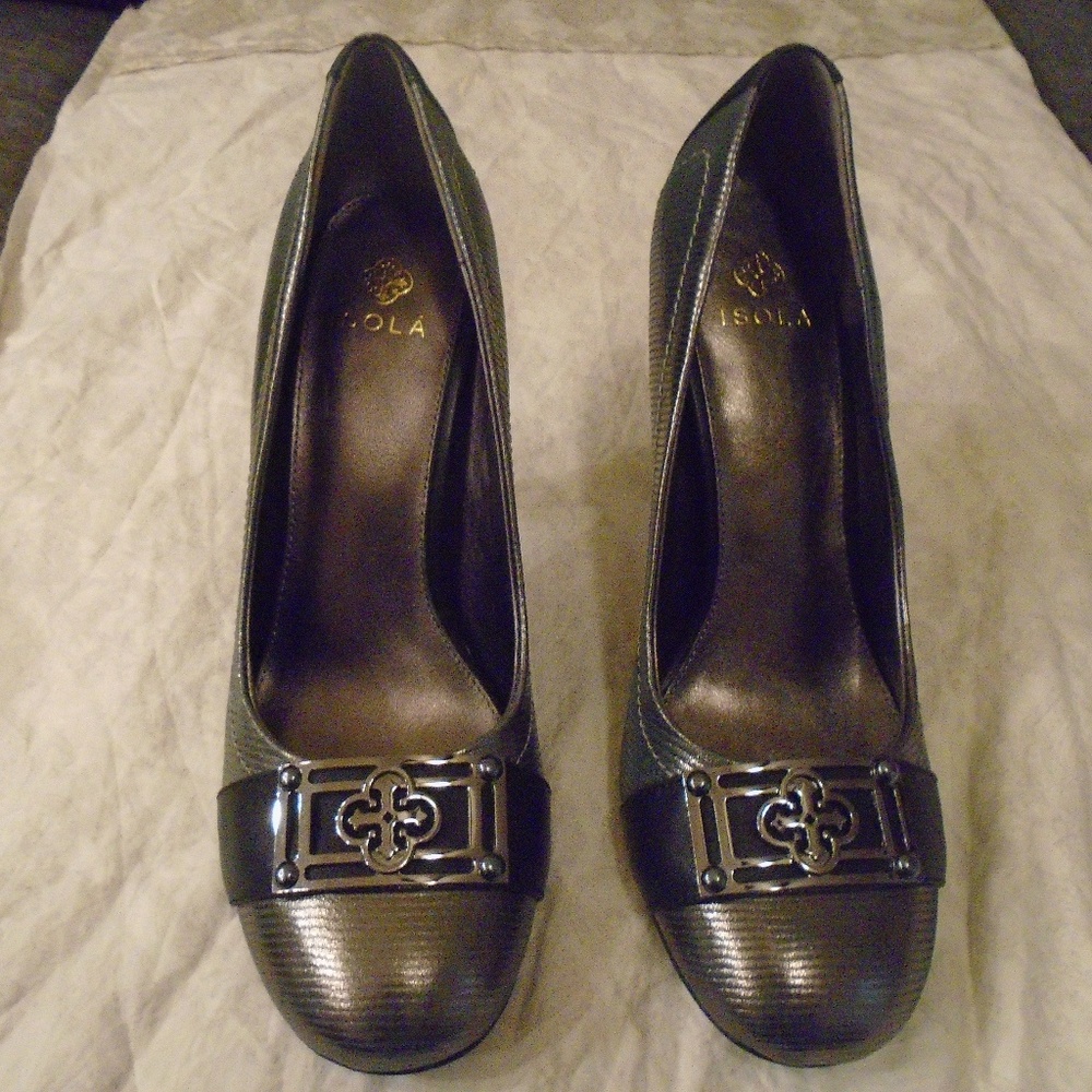 Isola Silver Centoia Printed Leather Heels Sz 9